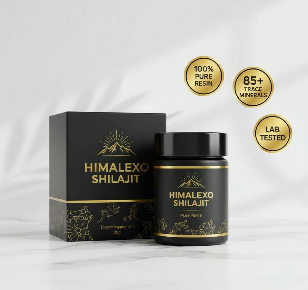 Himalex Shilajit packaging with certification badges on a light gray background